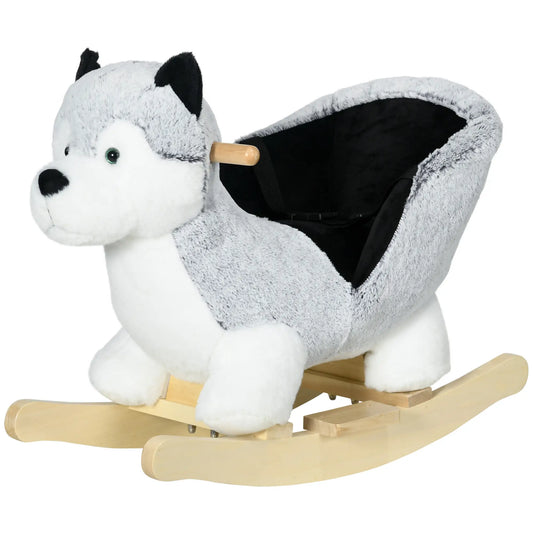 Cheval à bascule pour enfants, Peluche Husky à chevaucher, Base en bois, Ceinture de sécurité, 18-36 mois, Gris