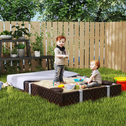 Kids Sandbox With Cover, 4 Corner Seats, 73" x 47" x 9", Dark Brown Sandboxes & Accessories at Gallery Canada
