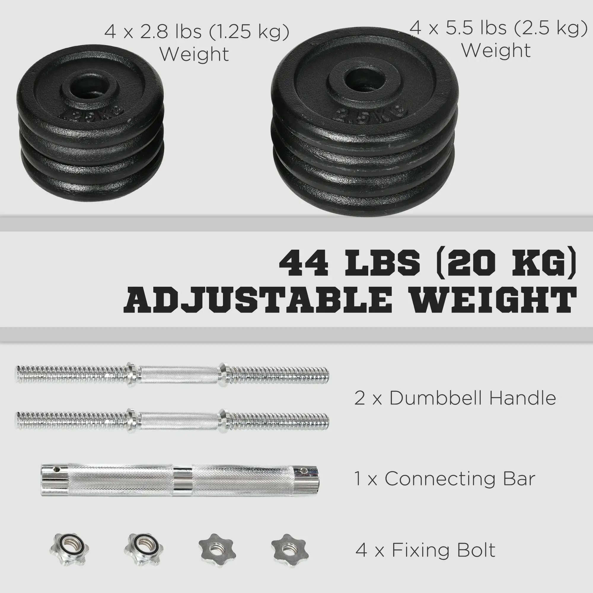 44lbs Adjustable Weight Barbell, Dumbbells Set, Non-Slip Handles, Black Dumbbells & Barbells at Gallery Canada