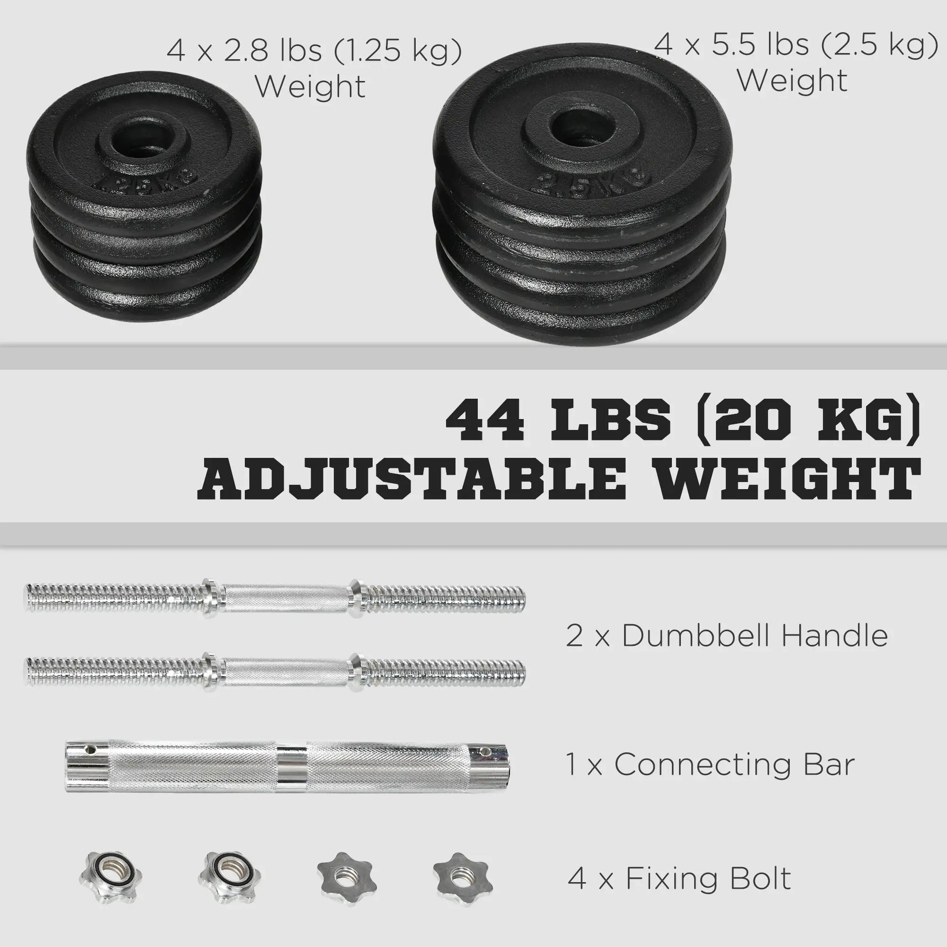 44lbs Adjustable Weight Barbell, Dumbbells Set, Non-Slip Handles, Black Dumbbells & Barbells at Gallery Canada