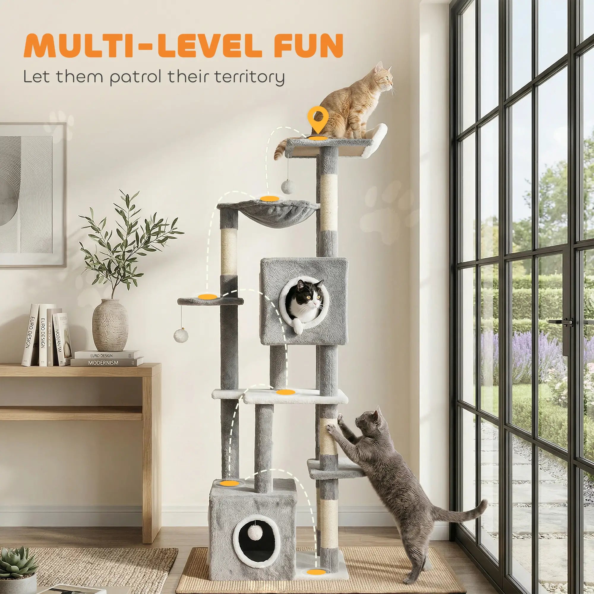 65 Inch Cat Tree, 2 Doors Condos, Plush Perch, Hammock, Grey Cat Towers at Gallery Canada