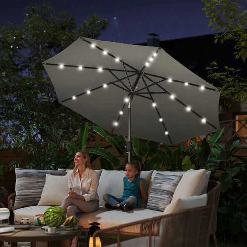 8.8 ft Solar Patio Umbrella, Adjustable LED Lights, Dark Grey