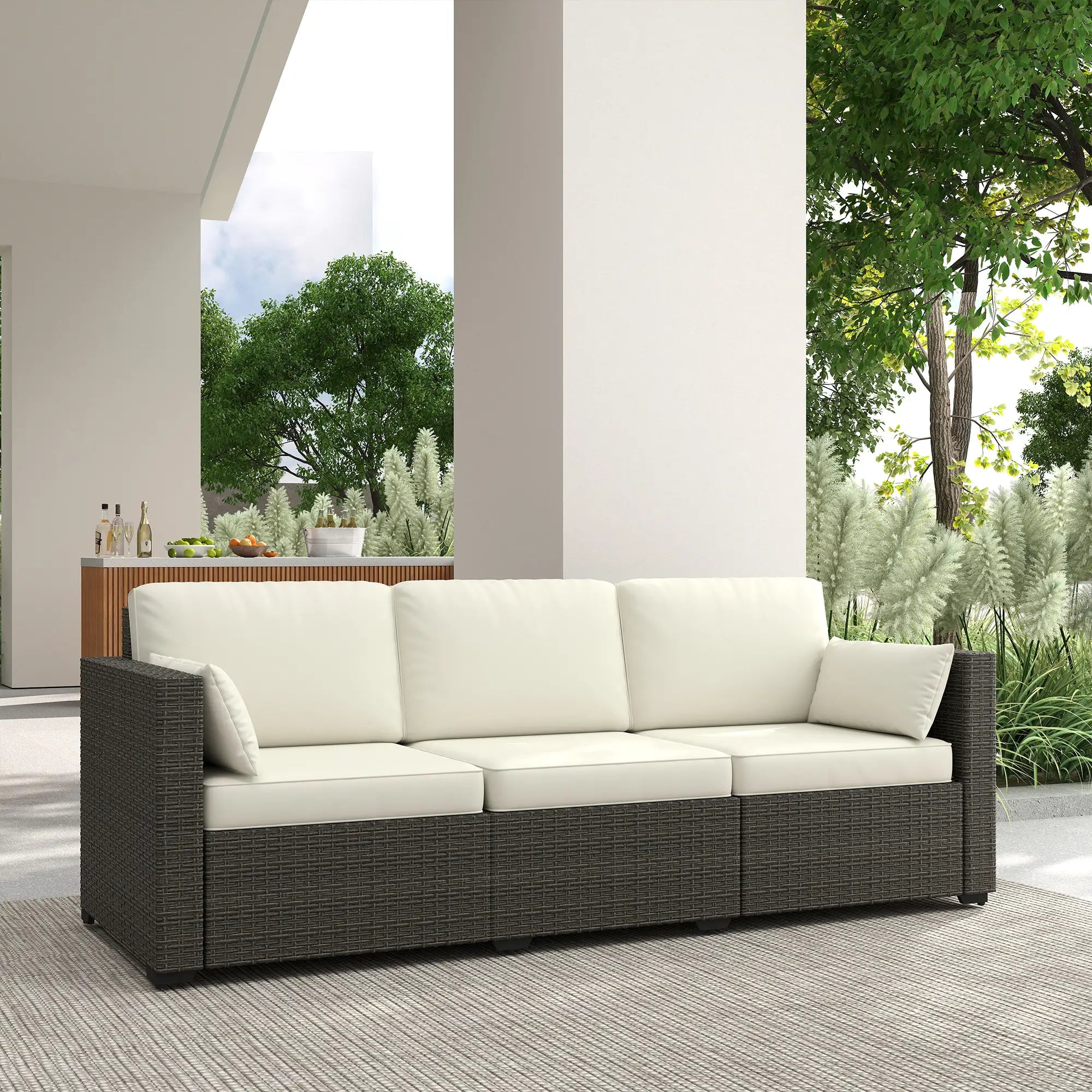 3-Seater Outdoor Sofa, PE Rattan Patio Couch, Cream White Patio Furniture Sets at Gallery Canada