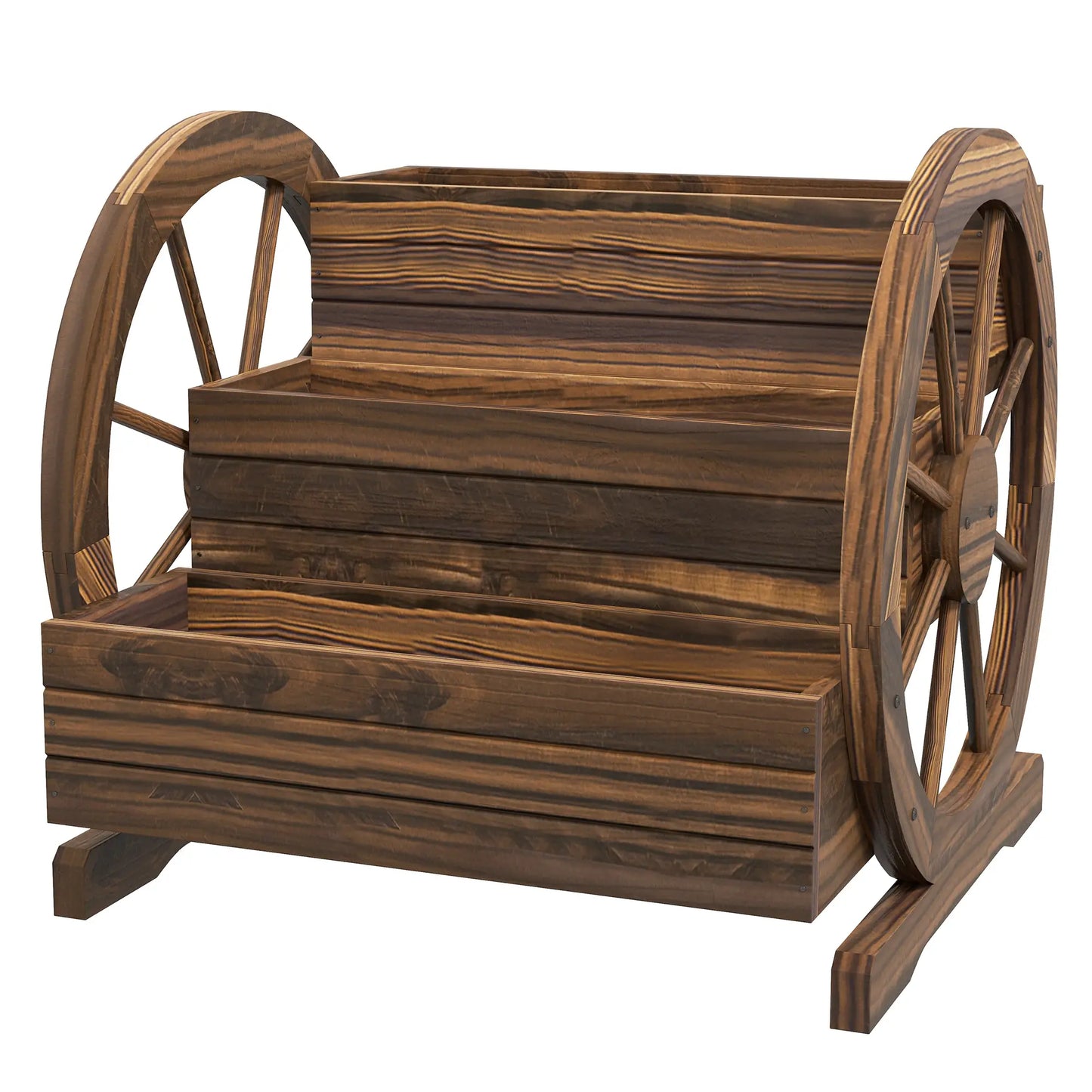 Wooden Wagon Planter Box, 3-Tier Raised Garden Bed, 24" x 24" x 22", Carbonized Wooden Planter Boxes Carbonized colour at Gallery Canada