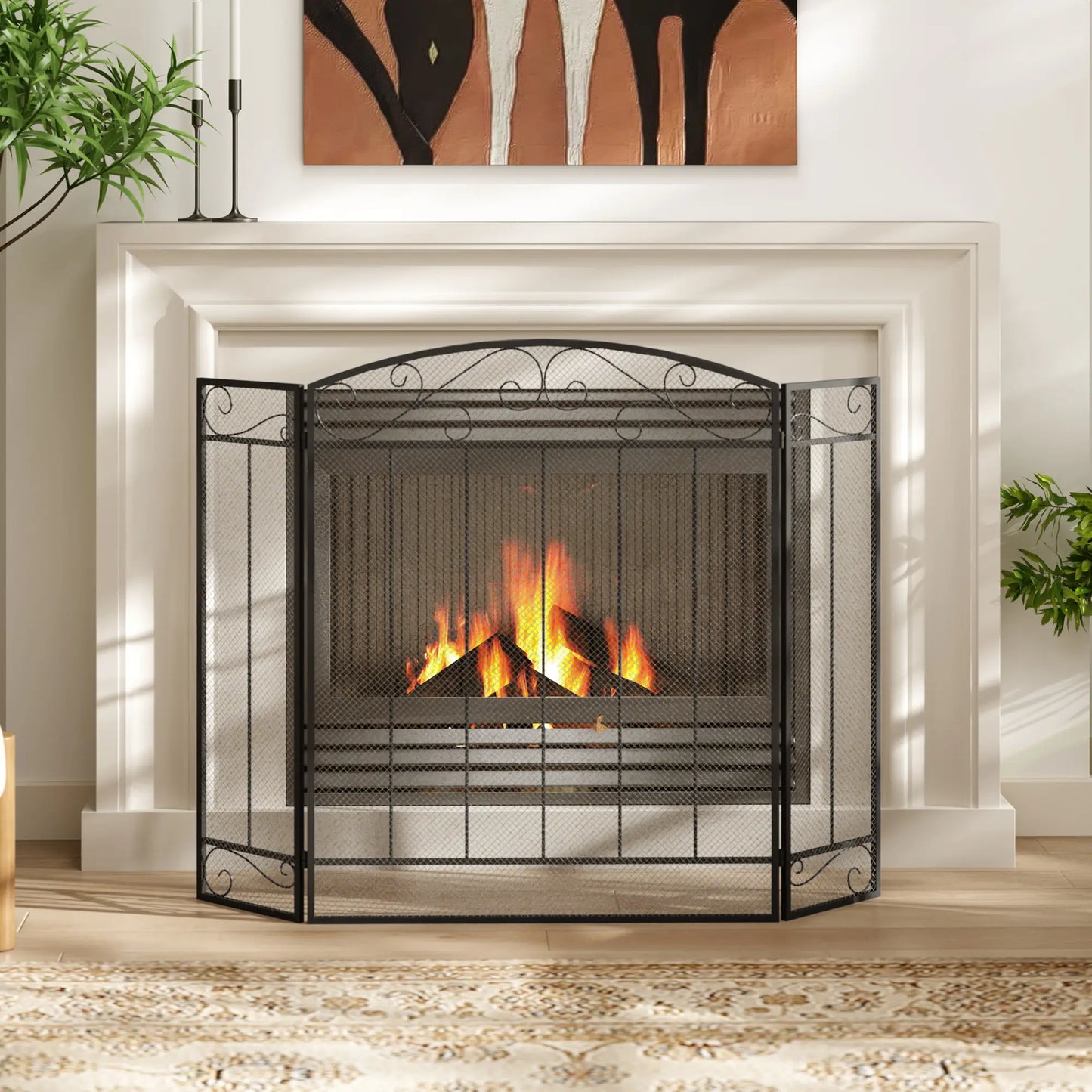 3-Panel Folding Fireplace Screen, Steel Mesh, Decorative Vine Pattern, 41.25" x 31.75", Black Fireplace Screens at Gallery Canada