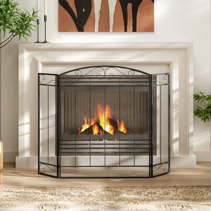 3-Panel Folding Fireplace Screen, Steel Mesh, Decorative Vine Pattern, 41.25" x 31.75", Black Fireplace Screens at Gallery Canada