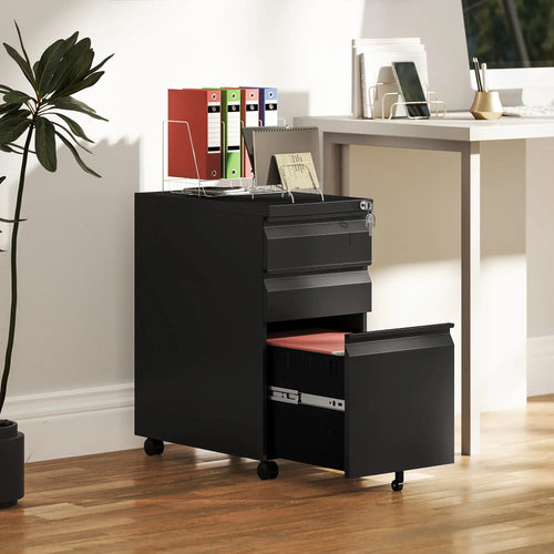 3 Drawer Filing Cabinet with Lock, Steel Office Storage, Black