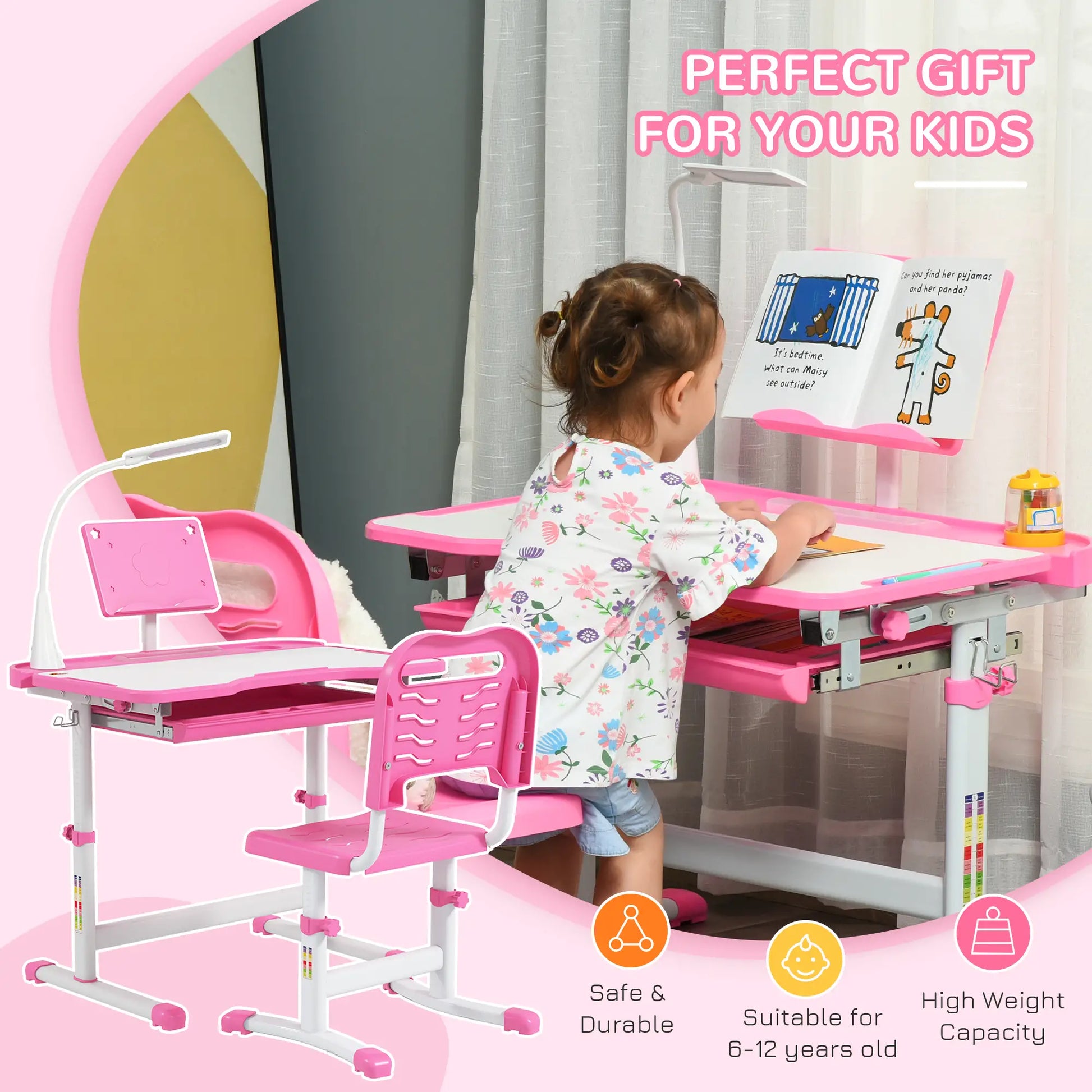 Kids Desk and Chair Set, Adjustable Height, Tilt Desktop, Pink Kids Desk Sets at Gallery Canada