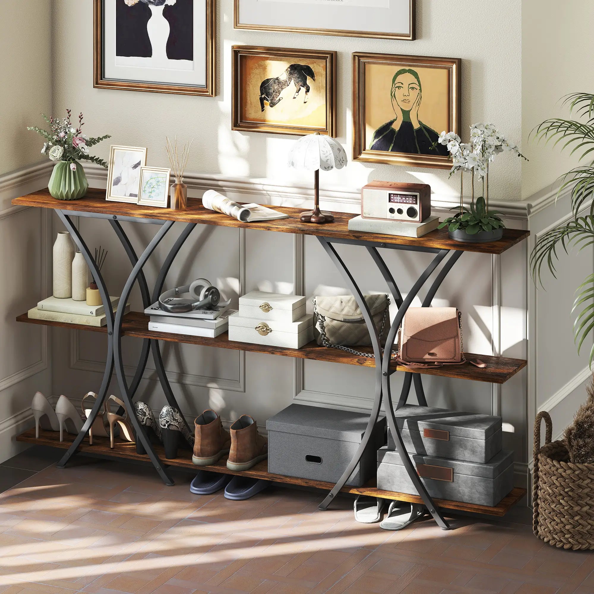 71 Inch Console Table, 3-Tier Industrial with 2 Shelves, Rustic Brown Console Tables at Gallery Canada