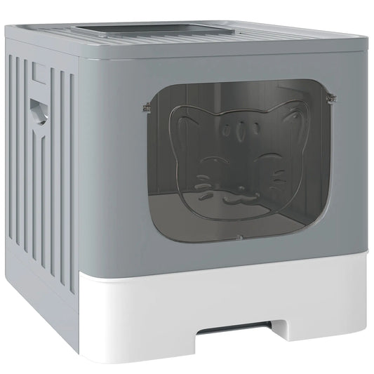 Foldable Cat Litter Box With Lid, Slide-Out Drawer, Scoop, Easy Clean, Grey Cat Litter Box Enclosures Grey, White at Gallery Canada