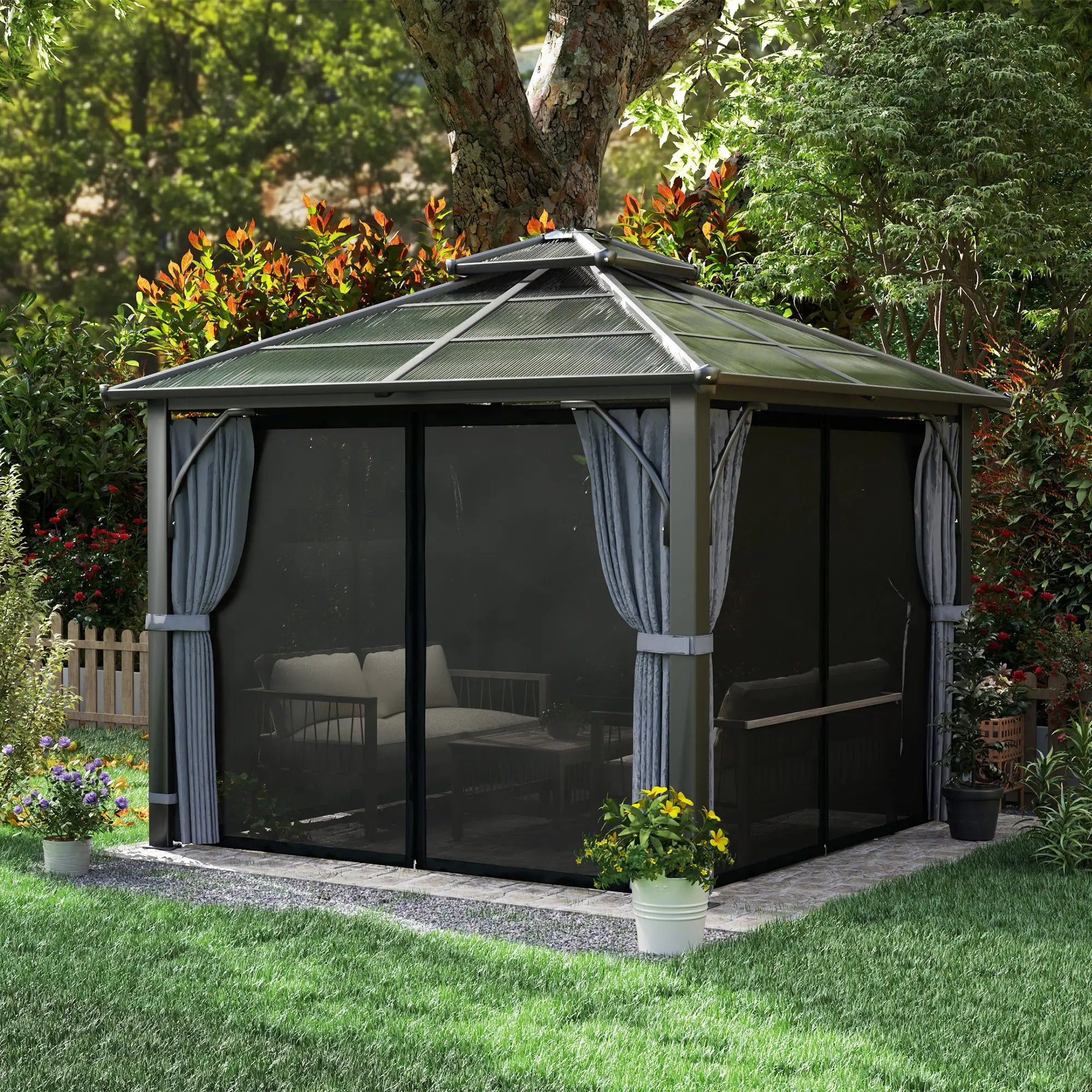 10' x 10' Hardtop Gazebo, 7mm Double Polycarbonate Roof, Netting, Curtains Gazebos at Gallery Canada