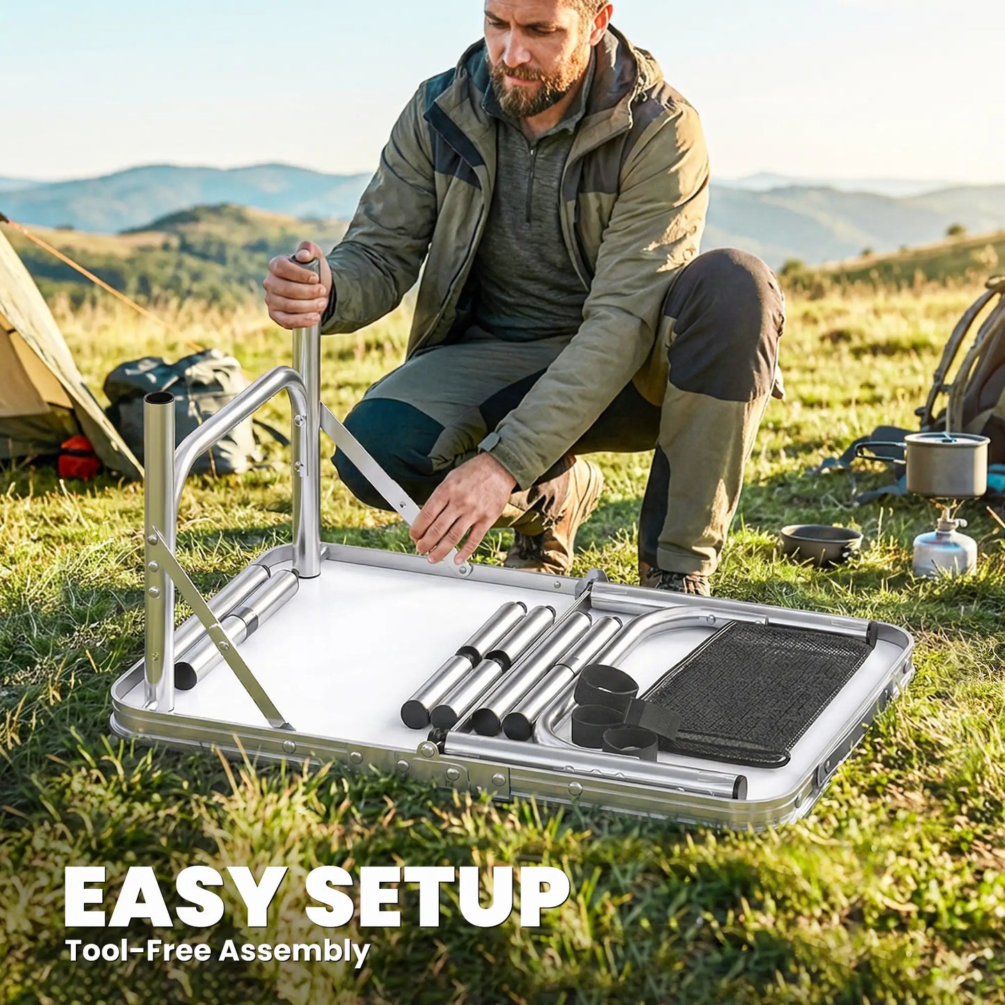 2ft Folding Camping Table, Mesh Storage, 4 Adjustable Heights, Black Picnic Tables & Camping Chairs at Gallery Canada