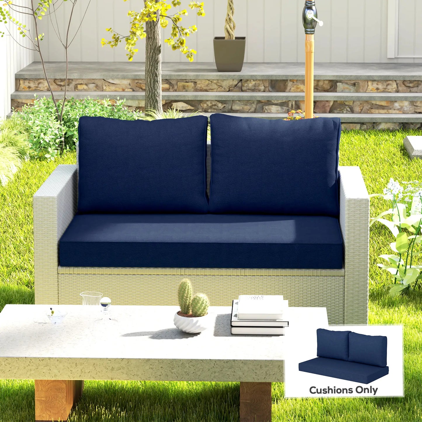 2 Seater Outdoor Seat Cushions with Backrest, Fade-Resistant, Navy Blue Patio Chair Cushions at Gallery Canada