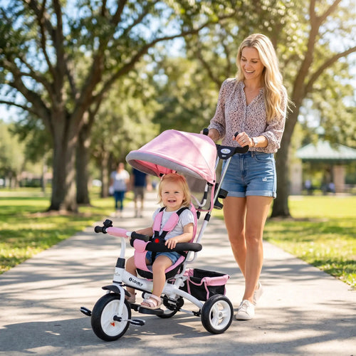 6 In 1 Toddler Tricycle Stroller, With Basket And Canopy, Pink