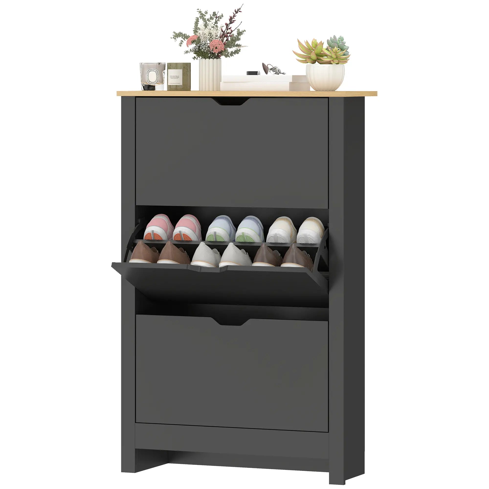 Shoe Storage Cabinet, 3 Flip Drawers, Adjustable Shelves, Black Shoe Storage Cabinets & Racks Black, Natural Wood at Gallery Canada