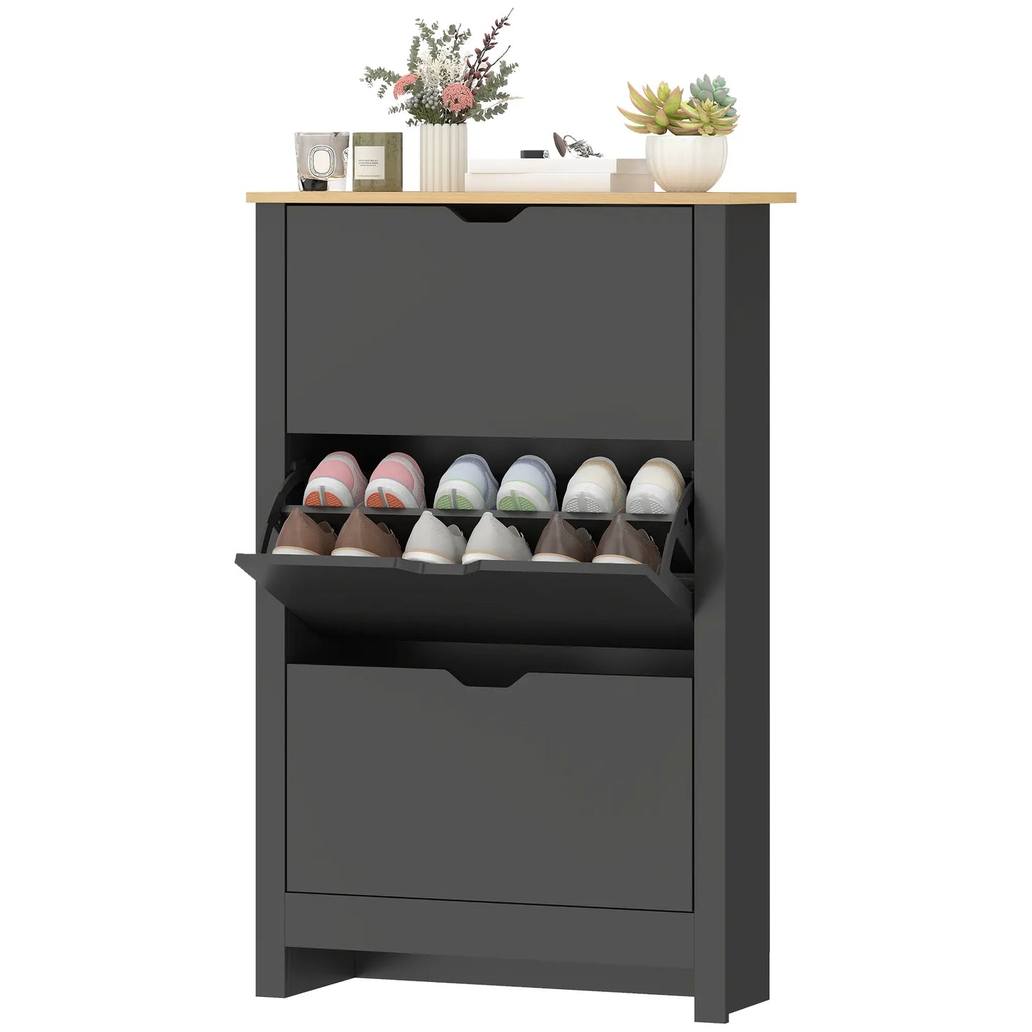 Shoe Storage Cabinet, 3 Flip Drawers, Adjustable Shelves, Black Shoe Storage Cabinets & Racks Black, Natural Wood at Gallery Canada