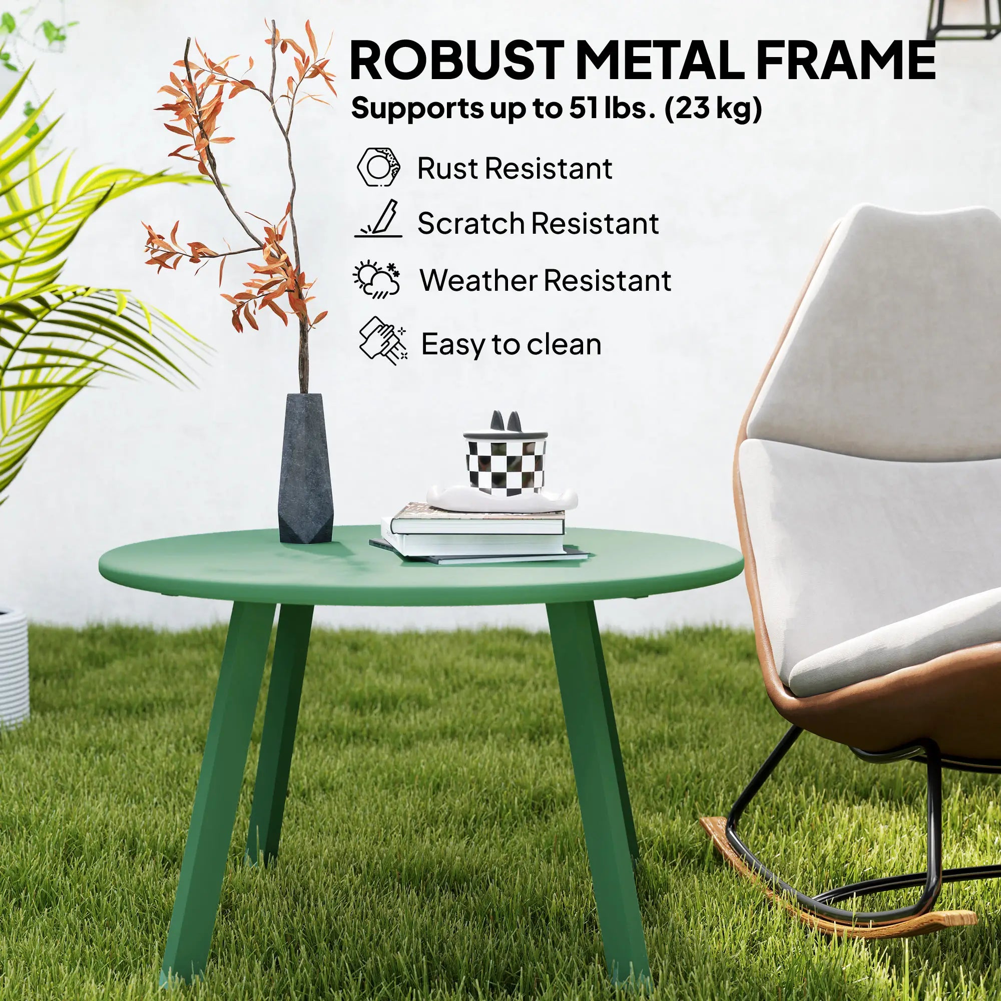 Round Outdoor Side Table, Metal Frame, Non-Slip Foot Pads, Green Patio Side Tables at Gallery Canada