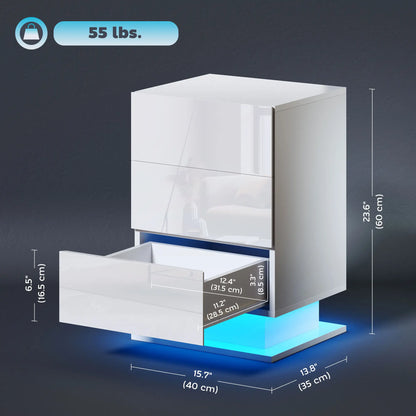 LED Nightstand with 3 Drawers, APP Control, White