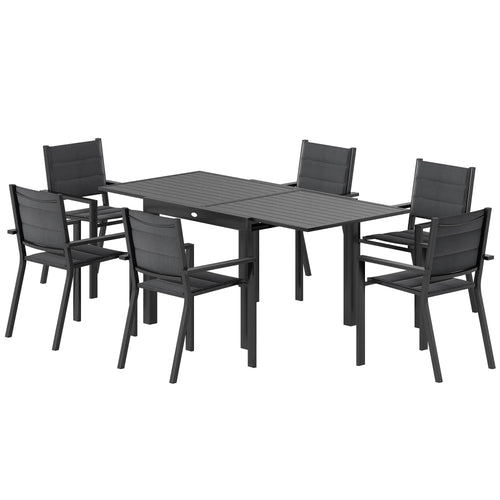 Aluminum Expandable Outdoor Dining Set, 6 Stackable Chairs, Black