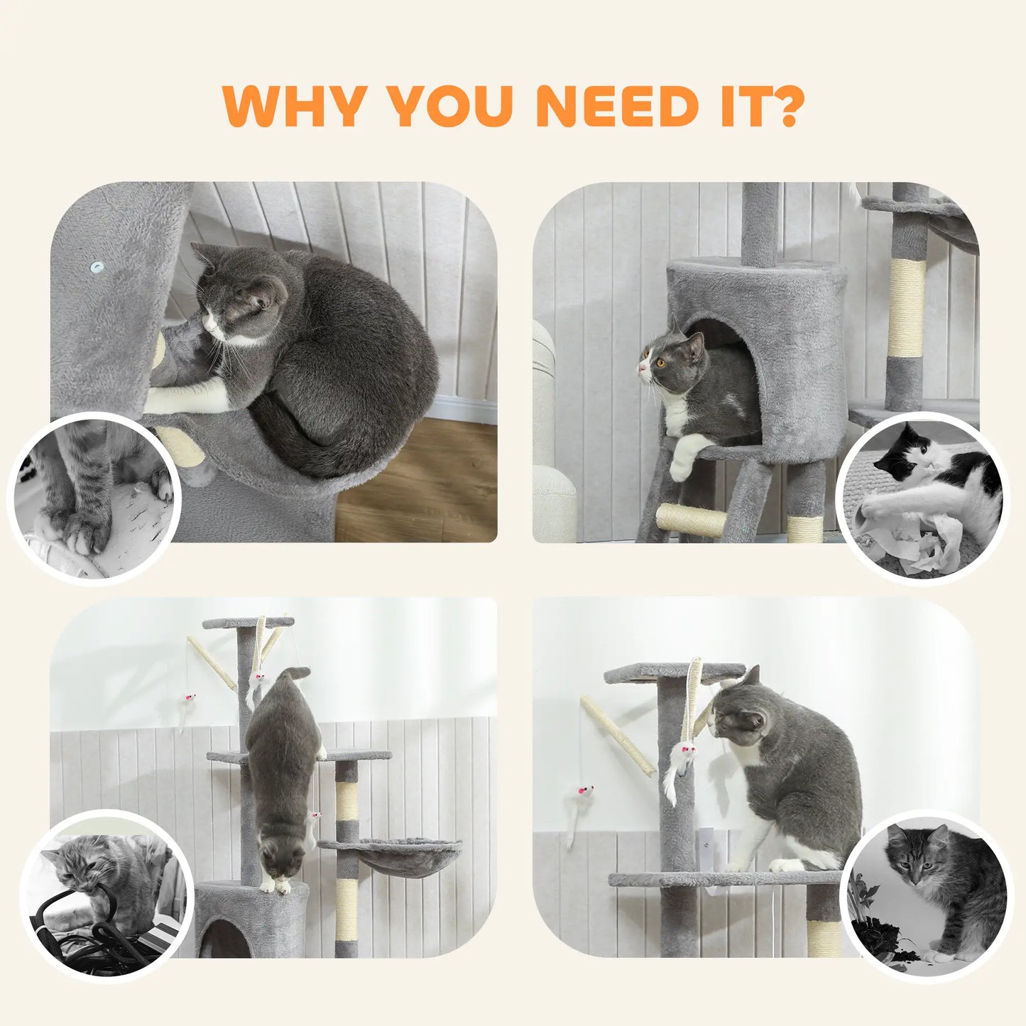 53" Cat Tree Tower, Scratching Posts, Condo, Hammock, Grey Cat Trees at Gallery Canada