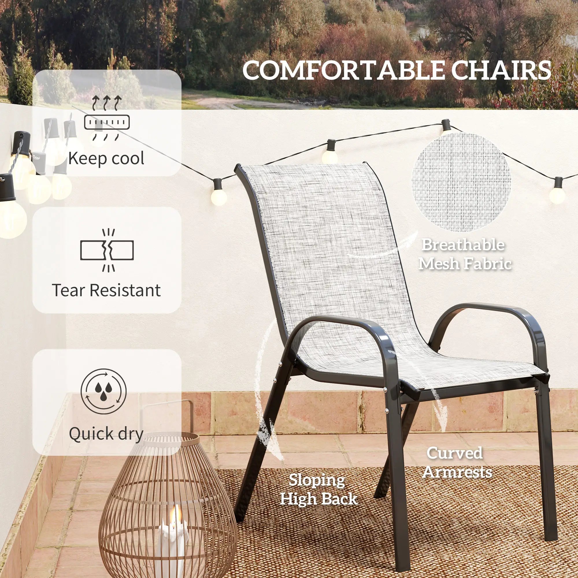 3 Piece Bistro Set, Stackable Mesh Chairs, Glass Table, Grey Bistro Sets at Gallery Canada