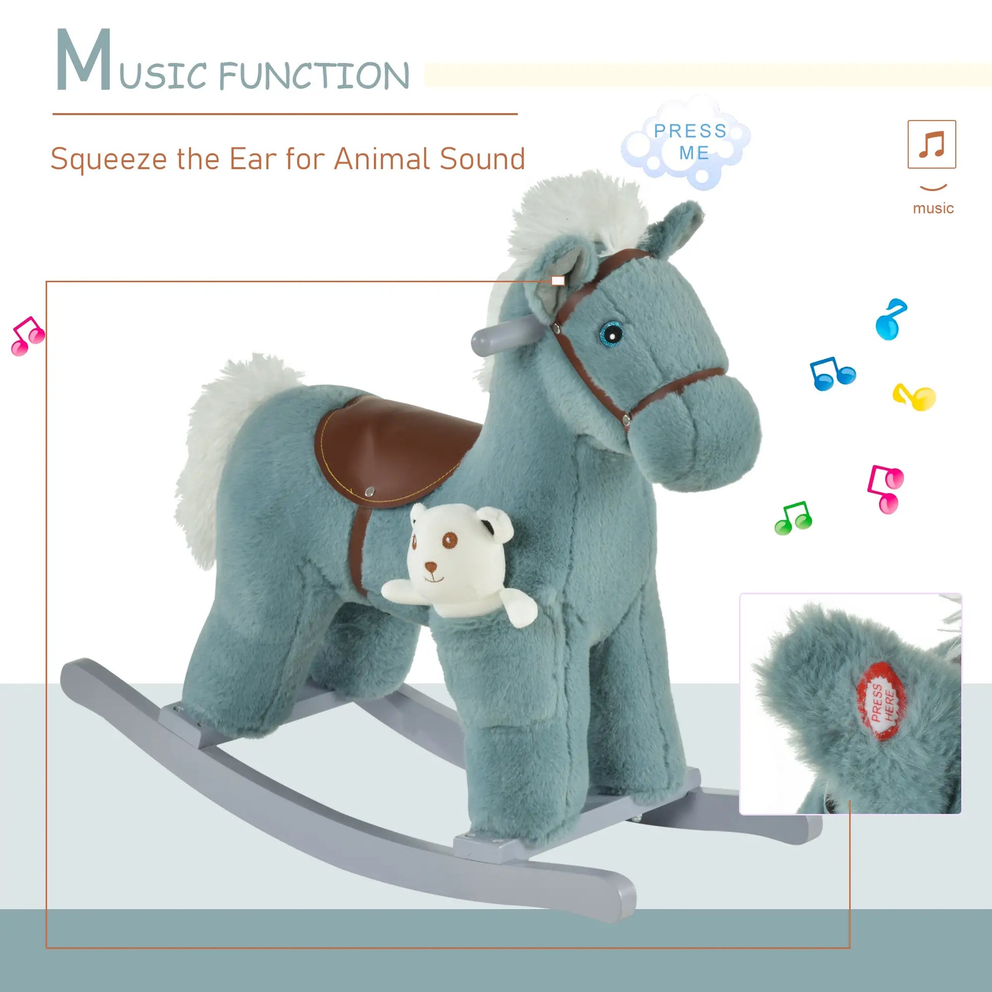 Kids Plush Ride-On Rocking Horse, Soft Bear Toy, Realistic Sounds, Blue Rocking Horses at Gallery Canada