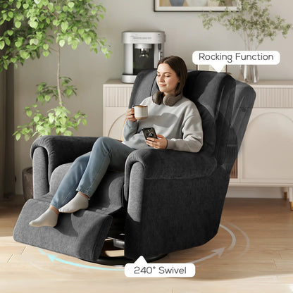Power Recliner Chair, Fabric Upholstered, USB Ports, Swivel Rocking, Footrest, Black Single Sofas at Gallery Canada