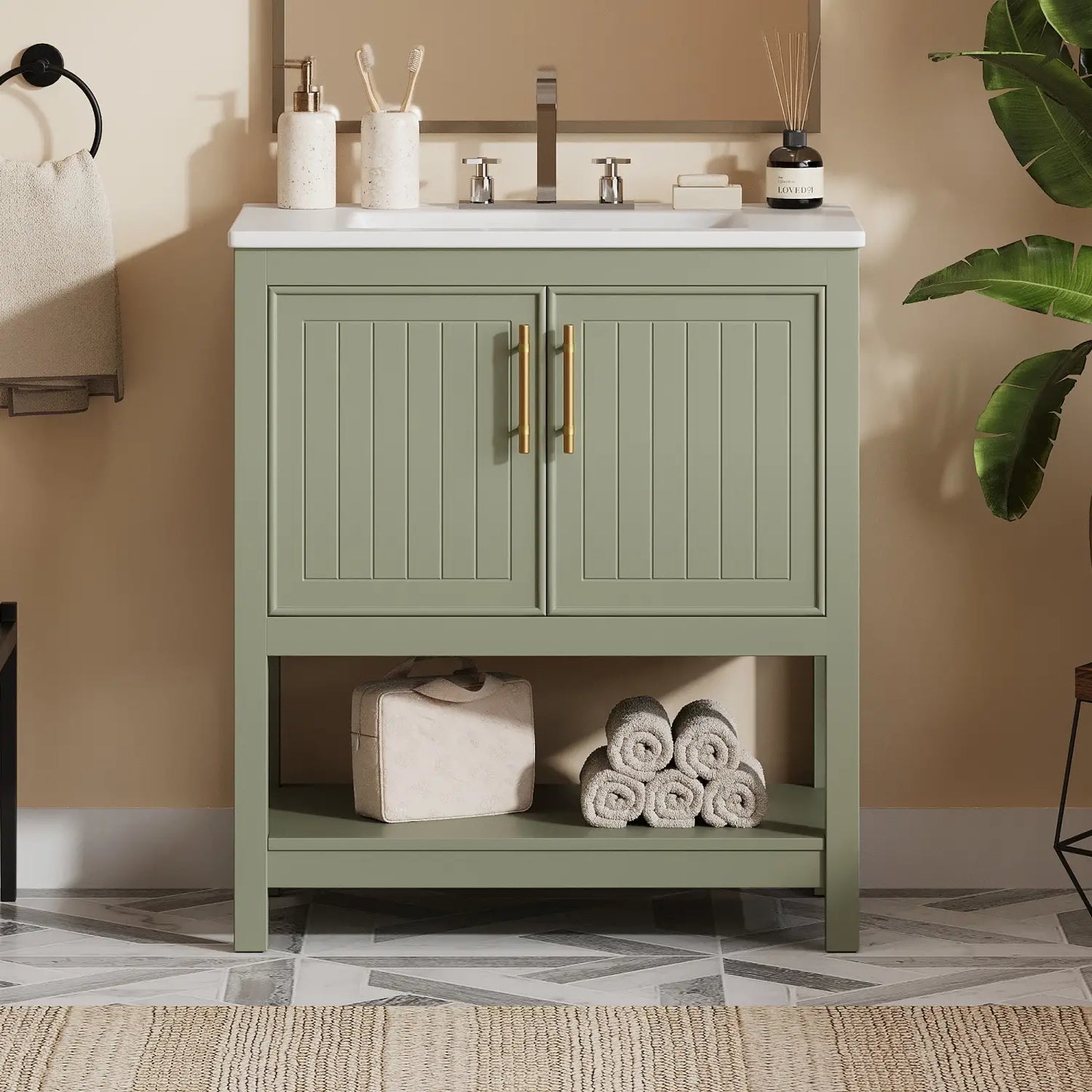Bathroom Vanity with Ceramic Sink, Soft Close Doors, 30" L x 18.5" W x 34" H, Green+White Sink Cabinets at Gallery Canada