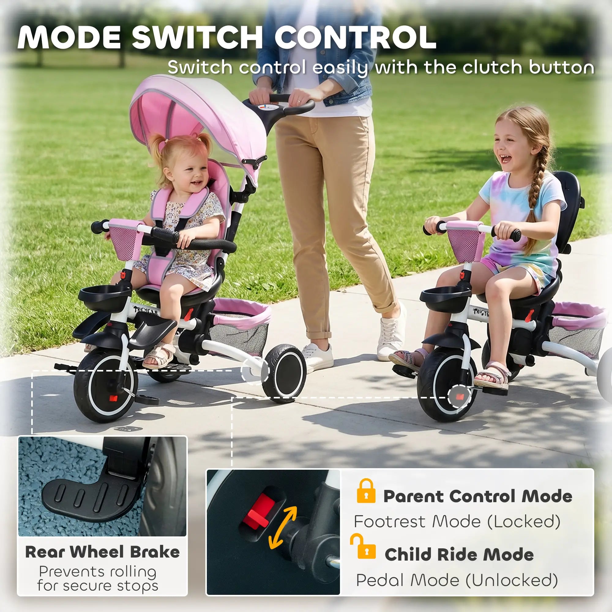 6-in-1 Toddler Tricycle, Foldable, Adjustable Seat, Push Handle, Pink Tricycles for Kids at Gallery Canada