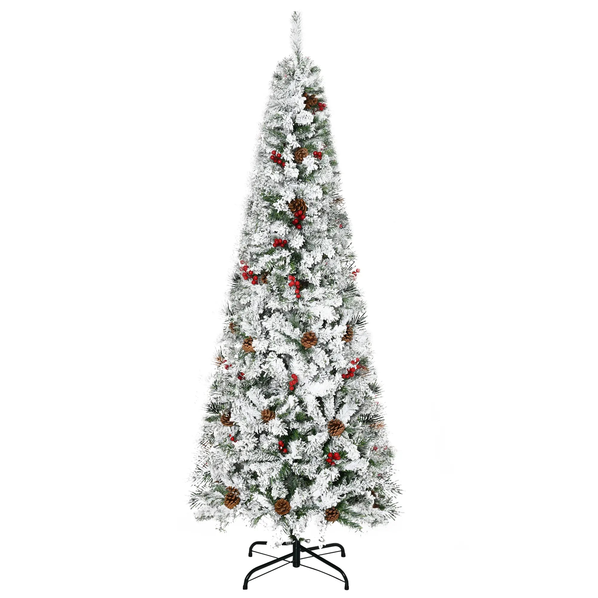 6 Foot Flocked Artificial Christmas Tree, 600 Pine Branches, Pine Cones, Red Berries, Auto Open, Green Pencil Christmas Trees at Gallery Canada