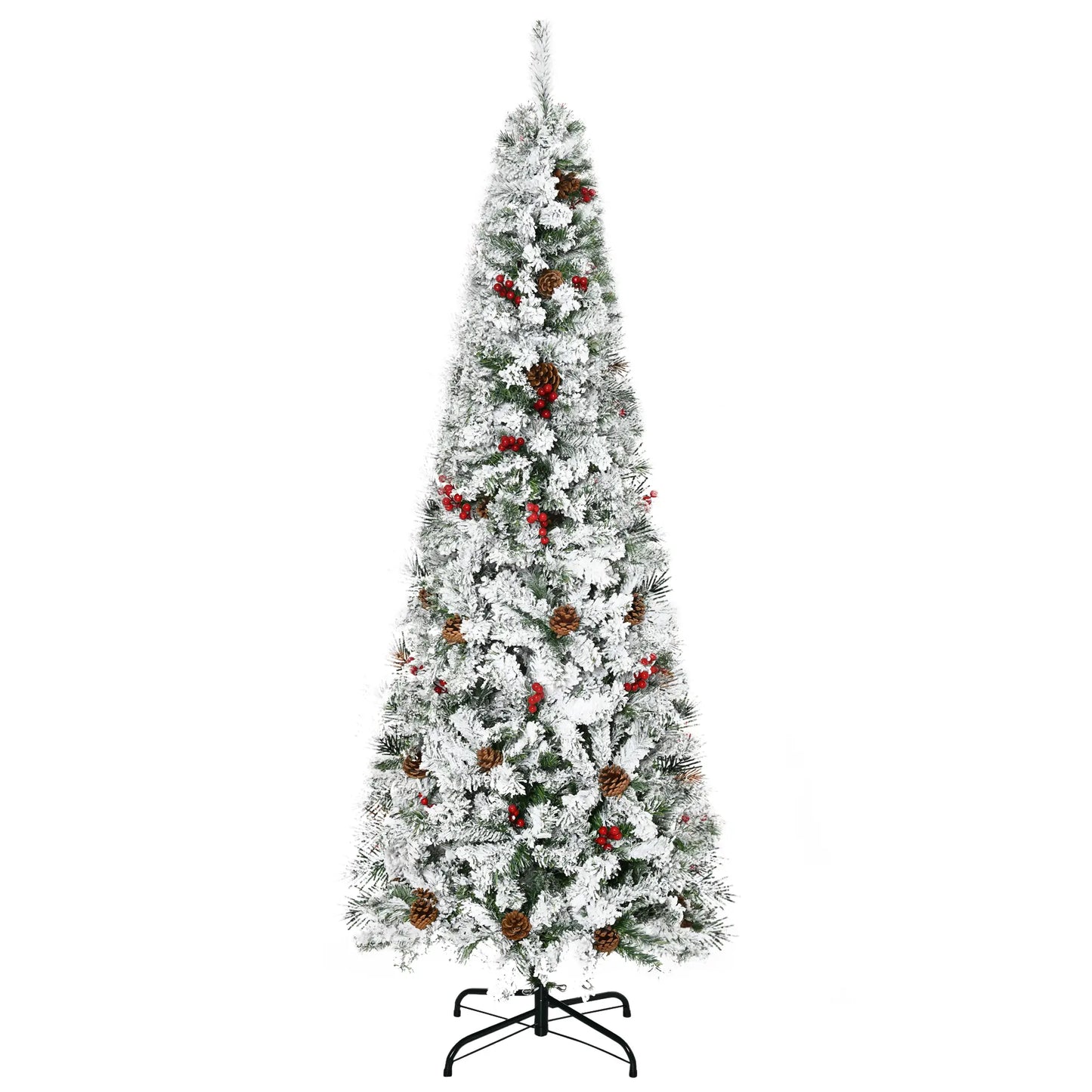 6 Foot Flocked Artificial Christmas Tree, 600 Pine Branches, Pine Cones, Red Berries, Auto Open, Green Pencil Christmas Trees at Gallery Canada
