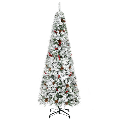 6 Foot Flocked Artificial Christmas Tree, 600 Pine Branches, Pine Cones, Red Berries, Auto Open, Green Pencil Christmas Trees at Gallery Canada