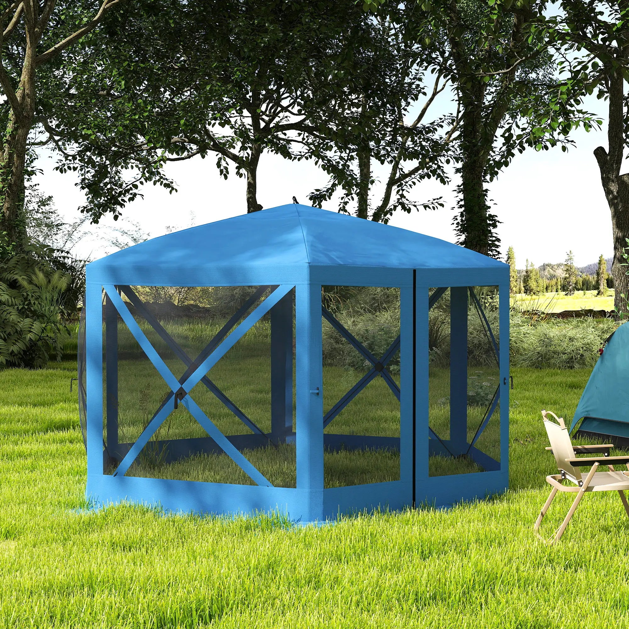 12' x 12' Hexagon Pop Up Screen Tent, Camping Shelter With Mesh Sidewalls, Carry Bag, Blue Pop Up Canopies at Gallery Canada