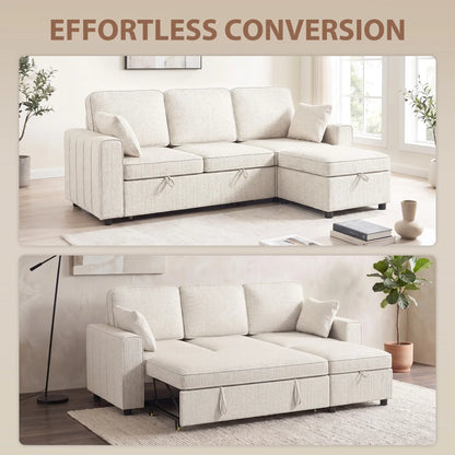 Modular Sectional Sofa Bed With Reversible Ottoman, Beige