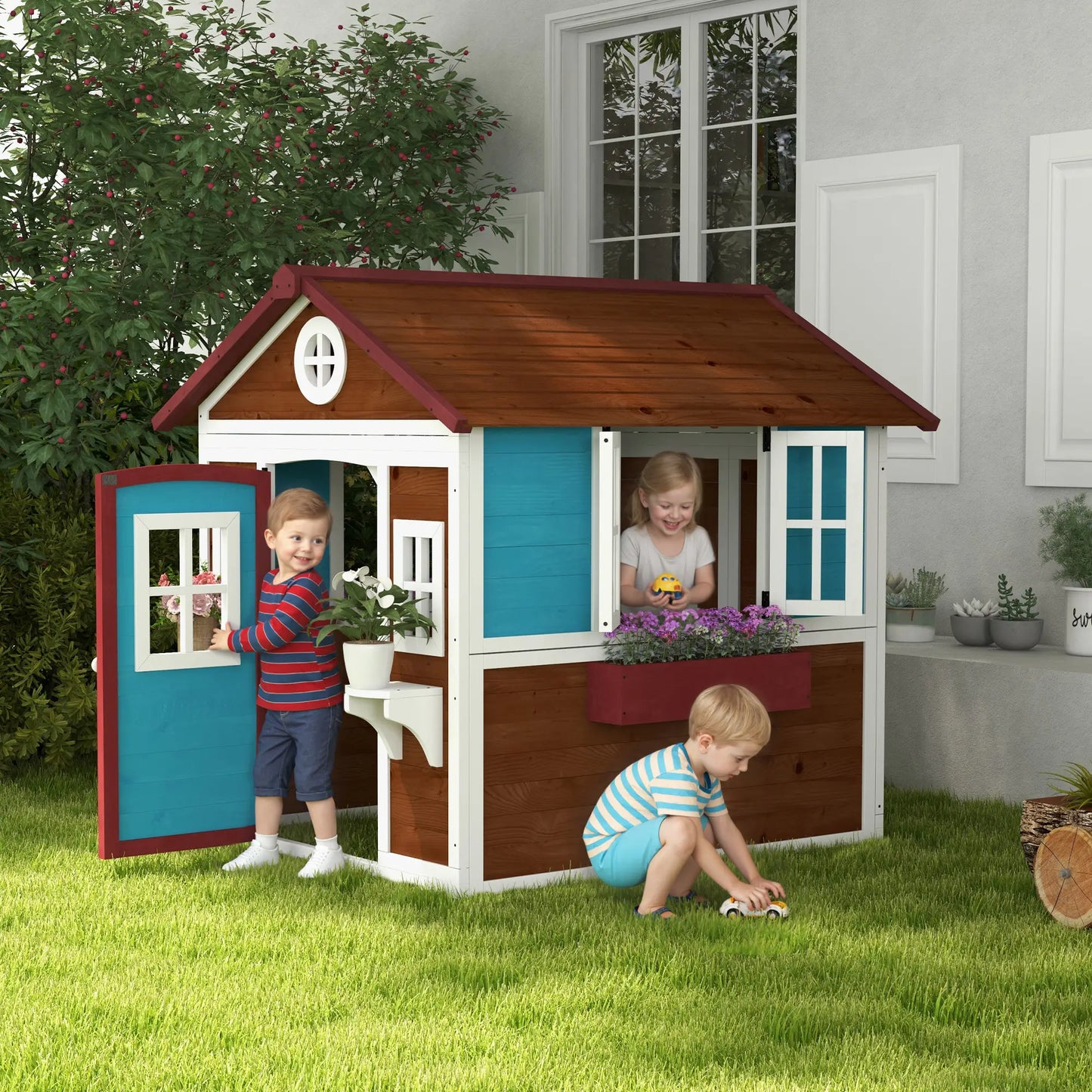 Wooden Playhouse for Kids Outdoor with Door, Windows, Planter Pots and Boxes for Toddlers 3-8 Years, Beige Play Houses at Gallery Canada