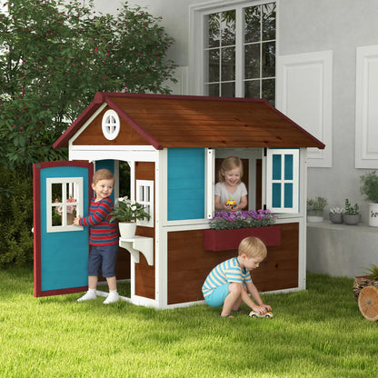 Wooden Playhouse for Kids Outdoor with Door, Windows, Planter Pots and Boxes for Toddlers 3-8 Years, Beige Play Houses at Gallery Canada