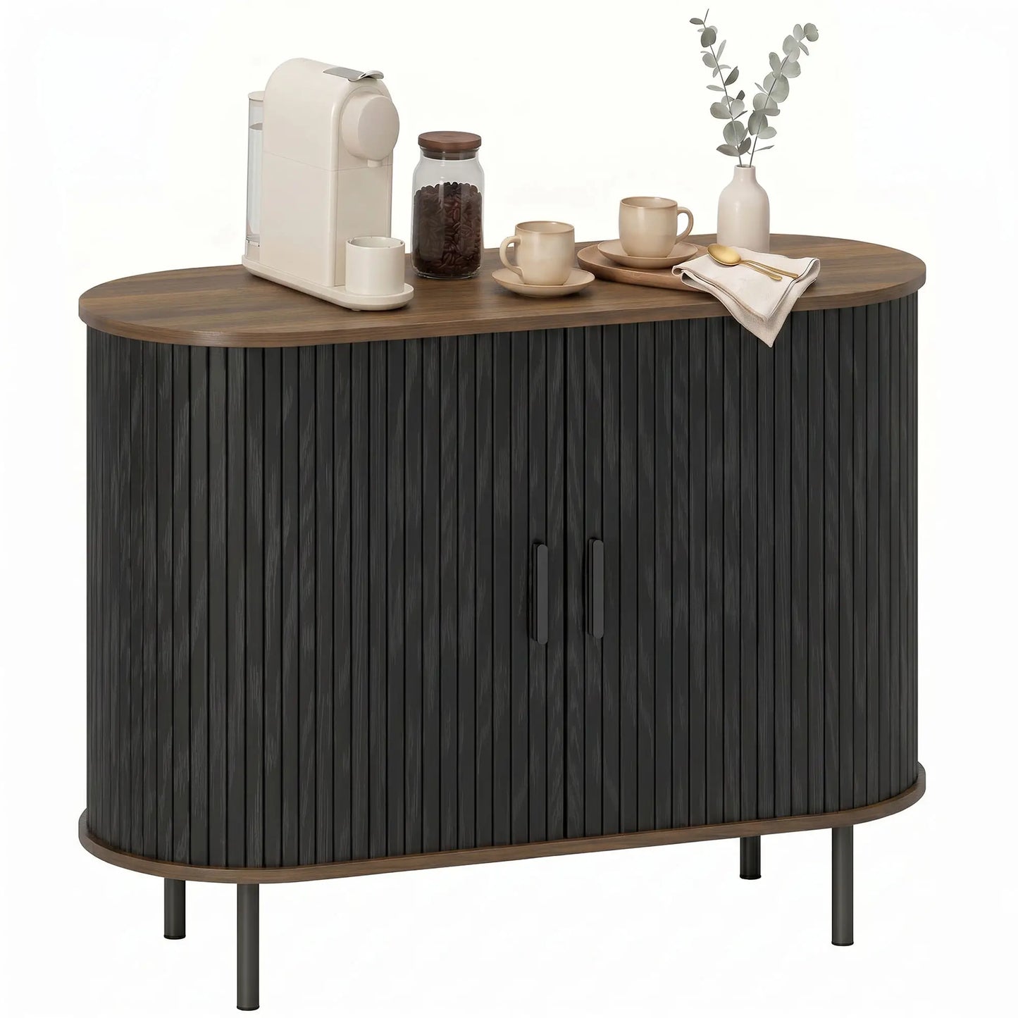 Wood Grain Sideboard With Curved Tambour Doors, Brown