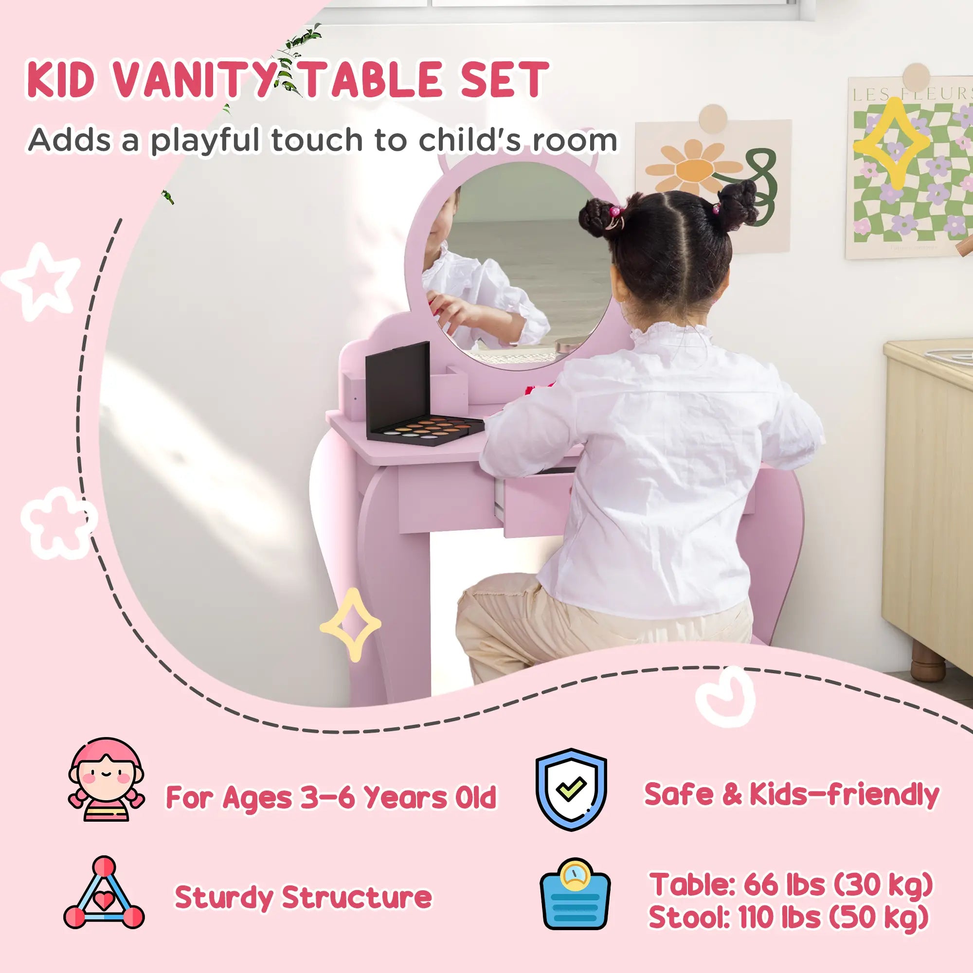 Cat Design Makeup Vanity with Mirror, Stool, Drawer, Pink Toy Vanity at Gallery Canada