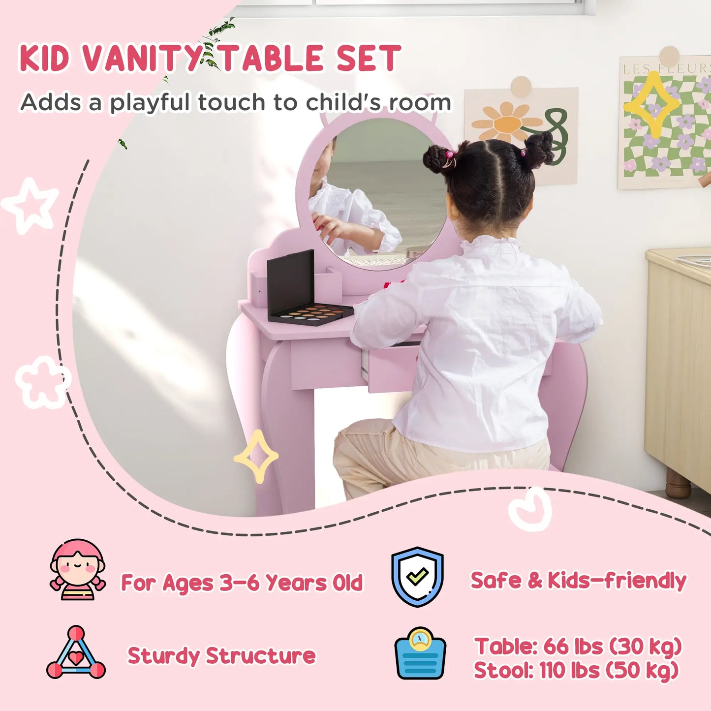 Cat Design Makeup Vanity with Mirror, Stool, Drawer, Pink Toy Vanity at Gallery Canada