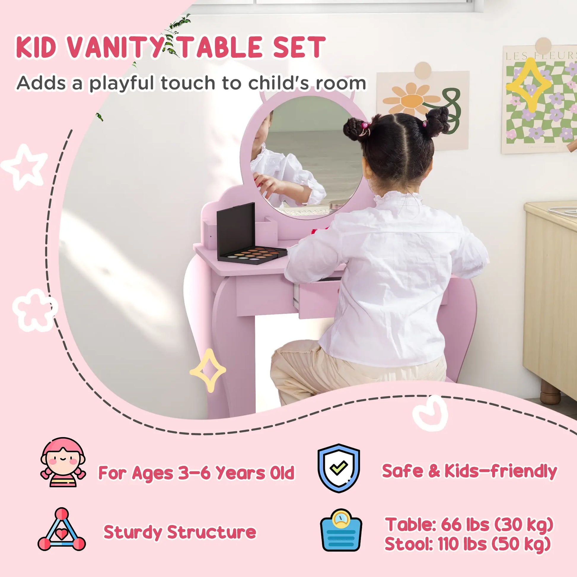 Cat Design Makeup Vanity with Mirror, Stool, Drawer, Pink Toy Vanity at Gallery Canada