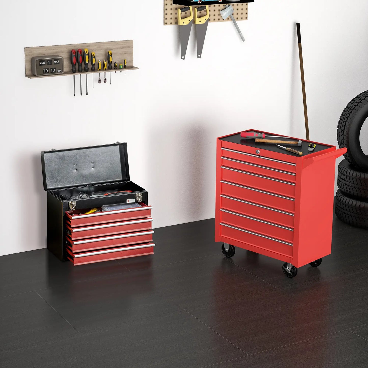 Lockable Tool Chest Set, 7 Drawer Cabinet with Wheels, 4 Drawer Portable, Red Tool Organizers at Gallery Canada
