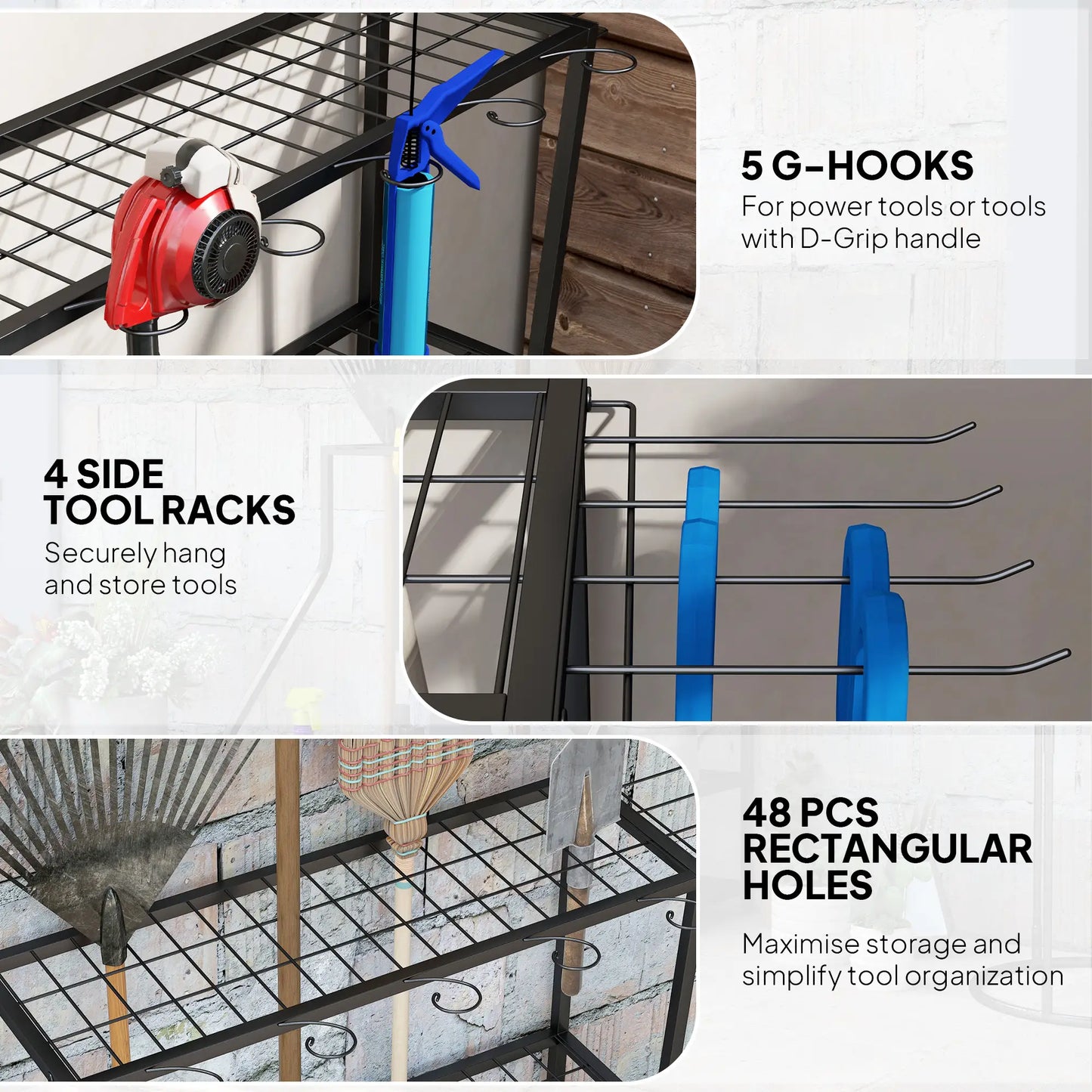 3-Tier Yard Tool Rack, Garden Organizer with Hooks, Black Garden Accessories at Gallery Canada