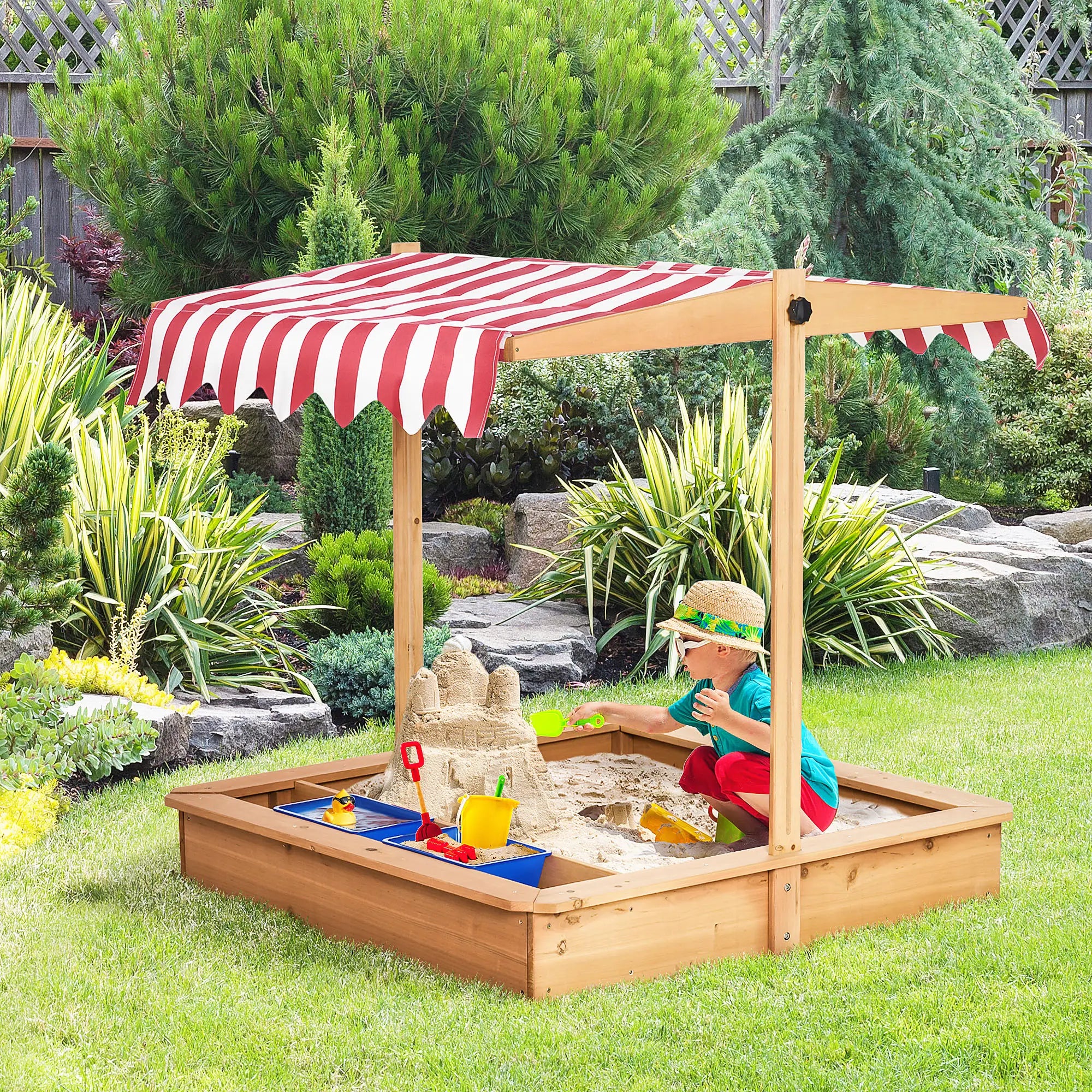 Kids Wooden Sandbox, Adjustable Height Cover, Bottom Liner, Seat, Plastic Basins, for 3-7 Years Sandboxes & Accessories at Gallery Canada