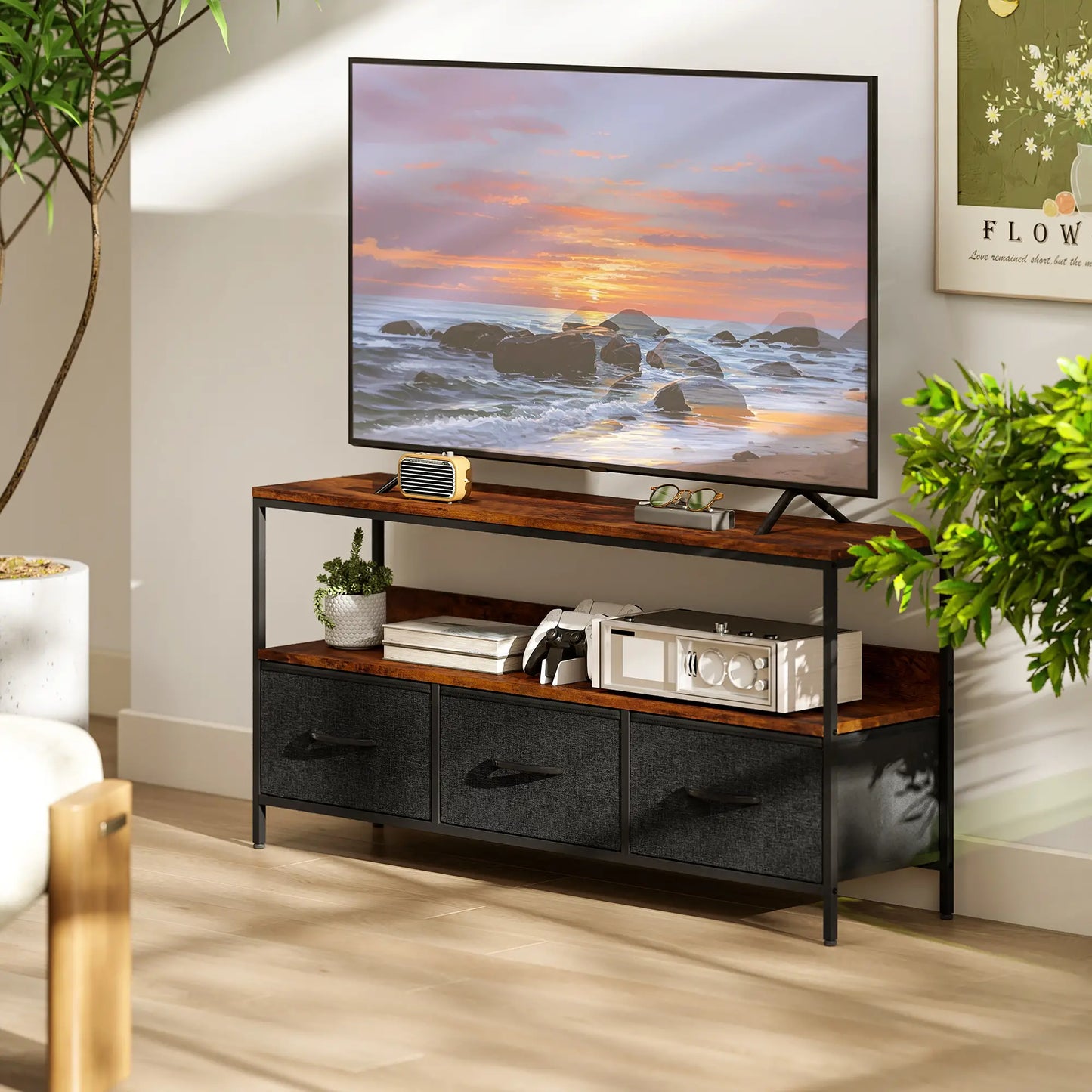 TV Stand with Charging Station, 3 Foldable Drawers, 55 Inch, Rustic Brown TV Stands at Gallery Canada