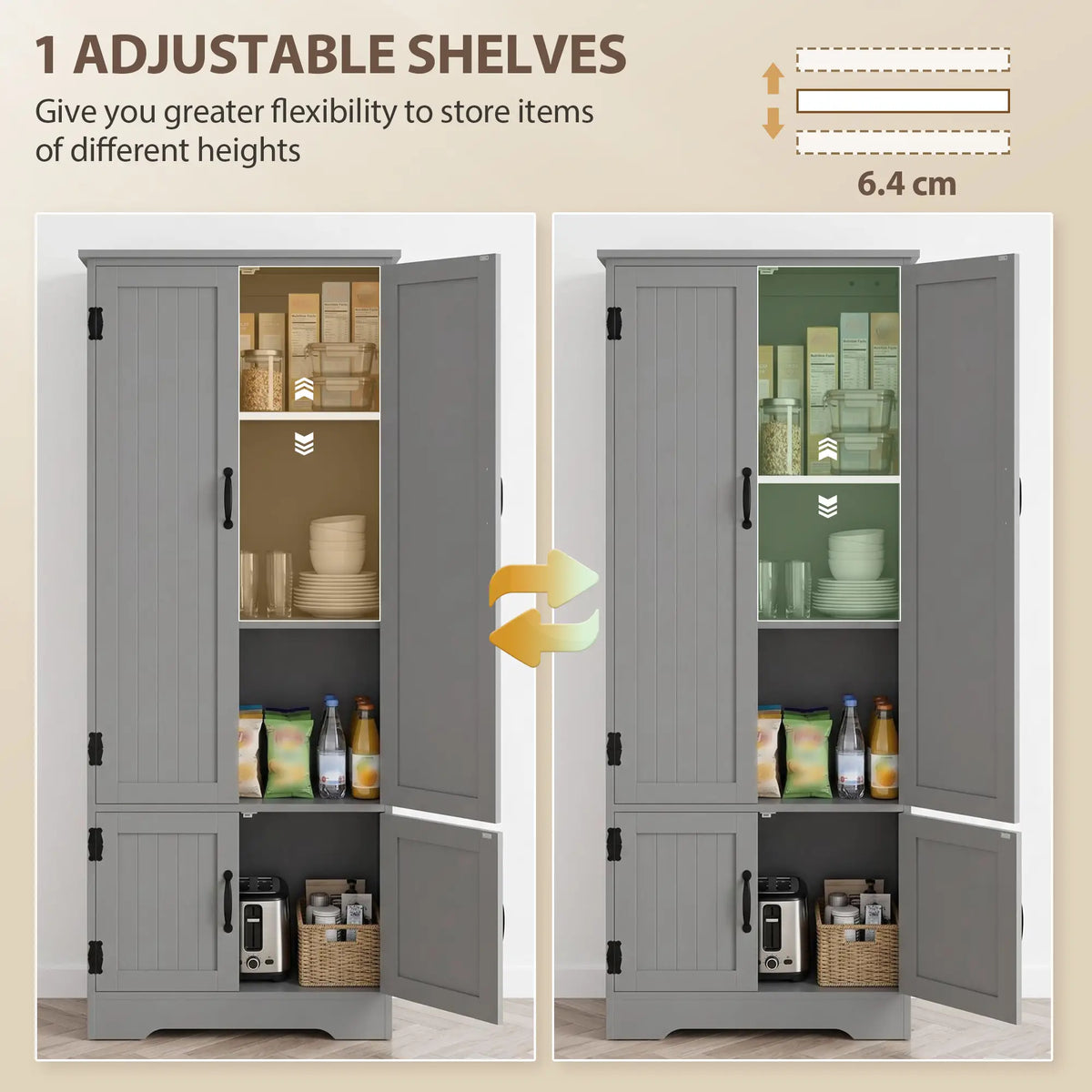 60" 4-Door Storage Cabinet, Multi-Storey Pantry, Adjustable Shelves, Grey, Grey
