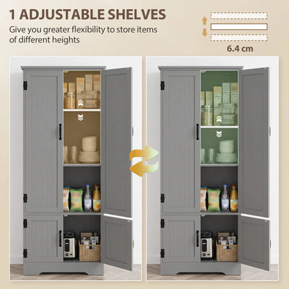 60" 4-Door Storage Cabinet, Multi-Storey Pantry, Adjustable Shelves, Grey, Grey