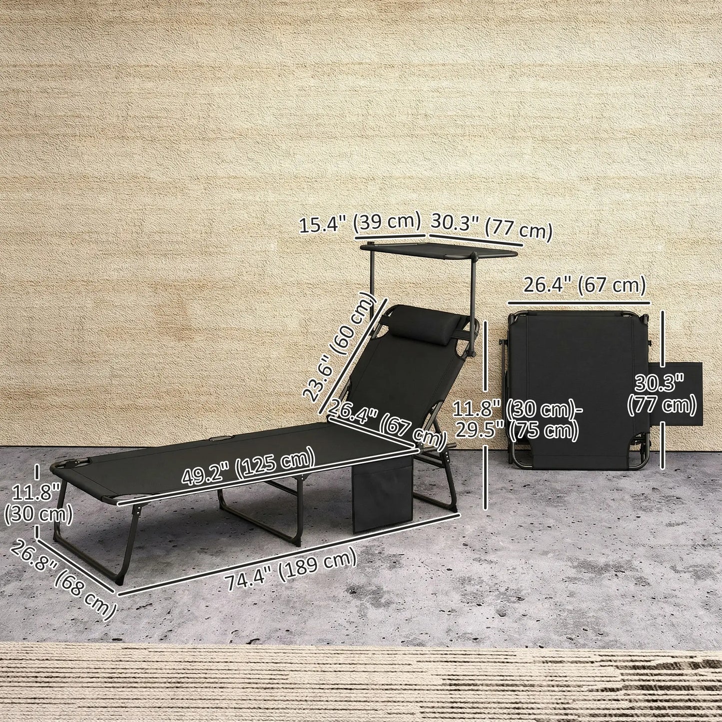 Folding Lounge Chair With Adjustable Canopy, 4-Position Tanning Chair, Dark Grey Lounger Chairs at Gallery Canada