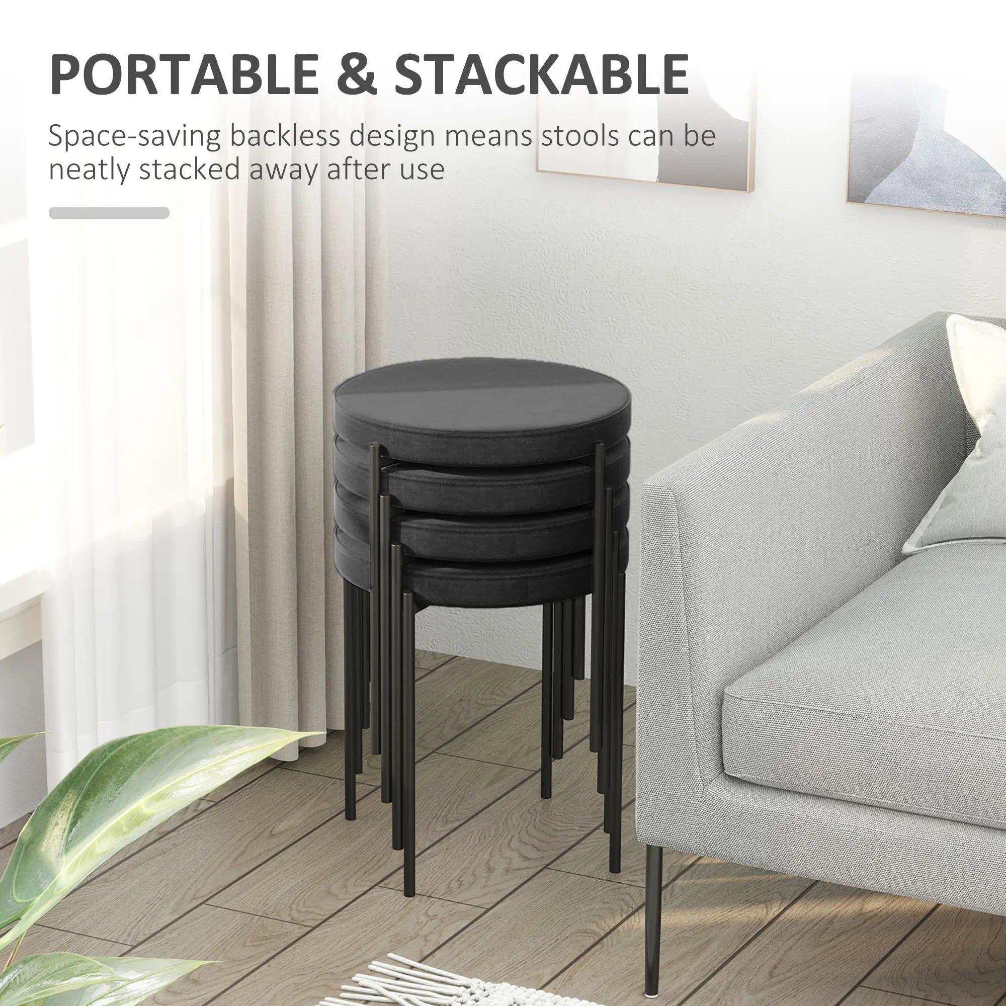 Round Backless Dining Chairs, Stacking Stools Set of 4, Black Dining Chairs at Gallery Canada