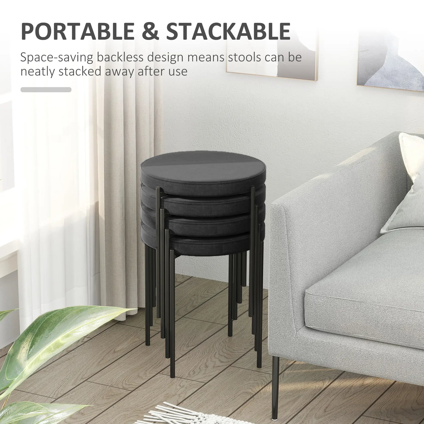 Round Backless Dining Chairs, Stacking Stools Set of 4, Black Dining Chairs at Gallery Canada