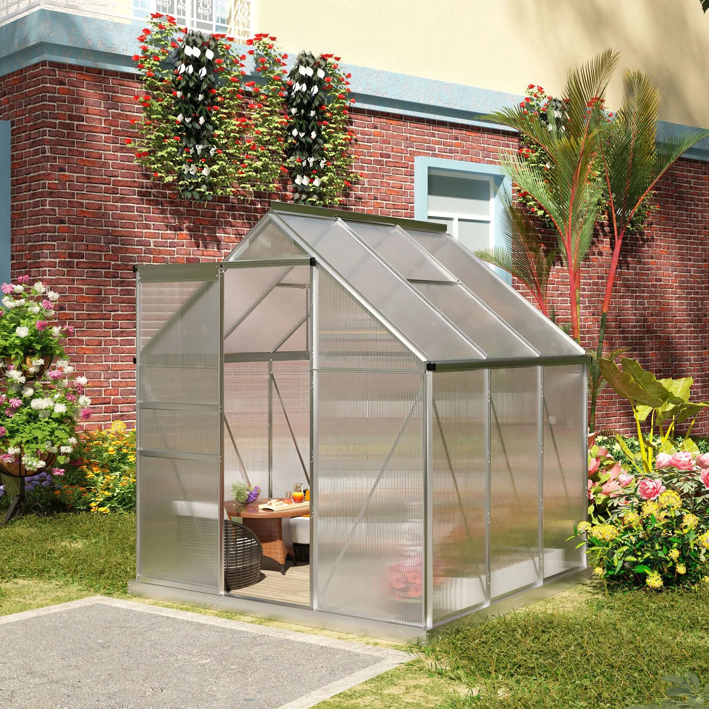 6' x 6' x 6.5' Polycarbonate Greenhouse, Walk-In, Adjustable Roof Vent, Galvanized Base, Sliding Door, Clear Walk In Greenhouses at Gallery Canada